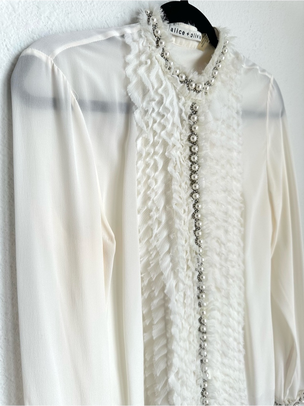 Alice and Olivia Arminda Ruffled Pearl Blouse pearl embellishments Medium Silk - Picture 9 of 17